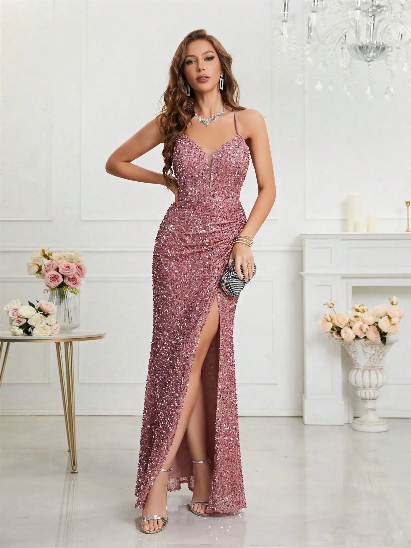 Sparkling Rose Sequin Evening Gown with Thigh-High Slit