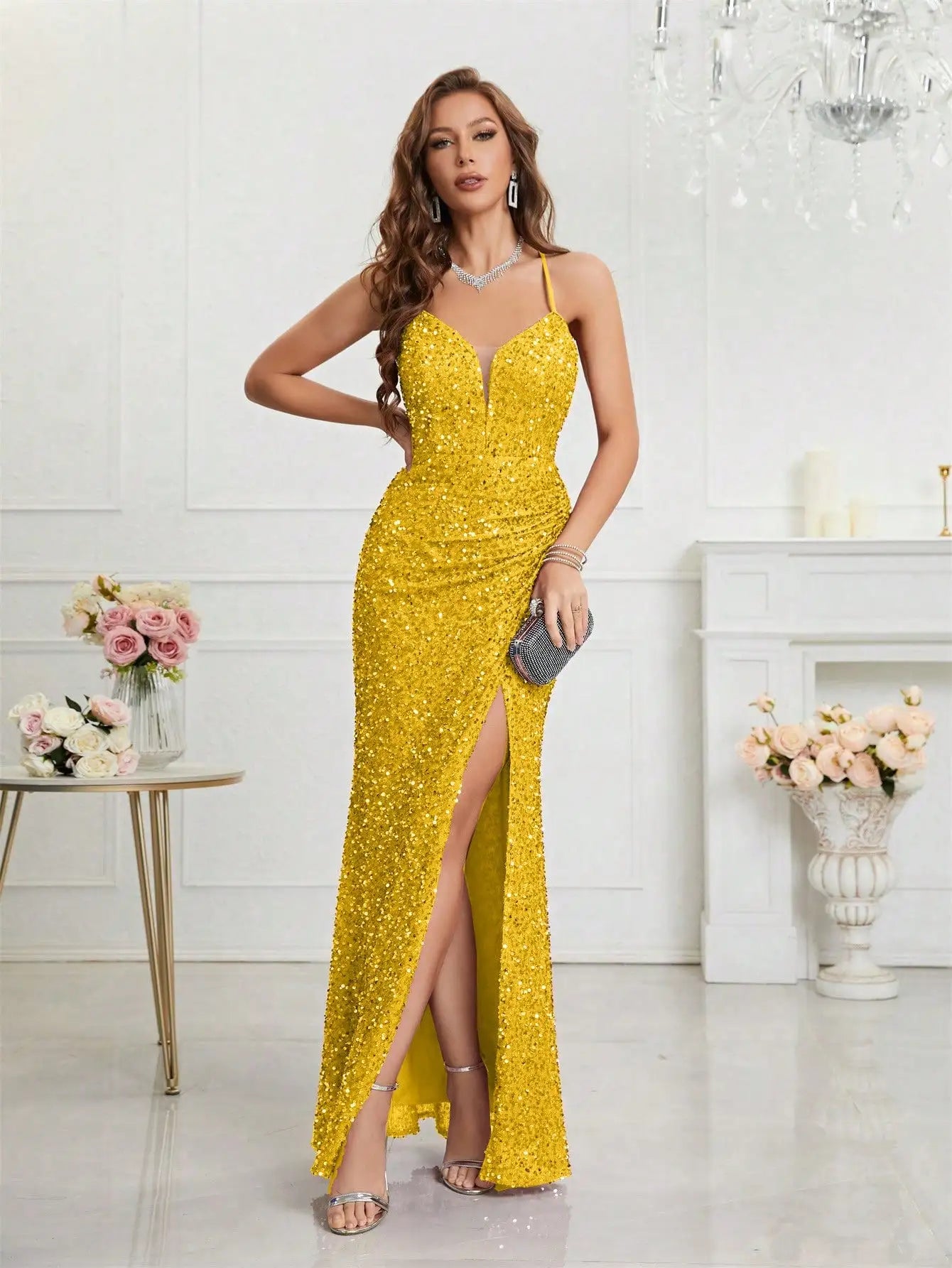 Sparkling Rose Sequin Evening Gown with Thigh-High Slit