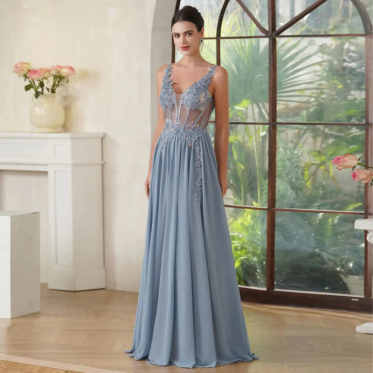 Floral Appliqué Evening Gown