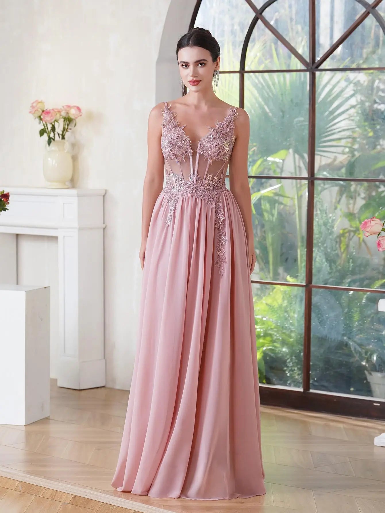 Floral Appliqué Evening Gown