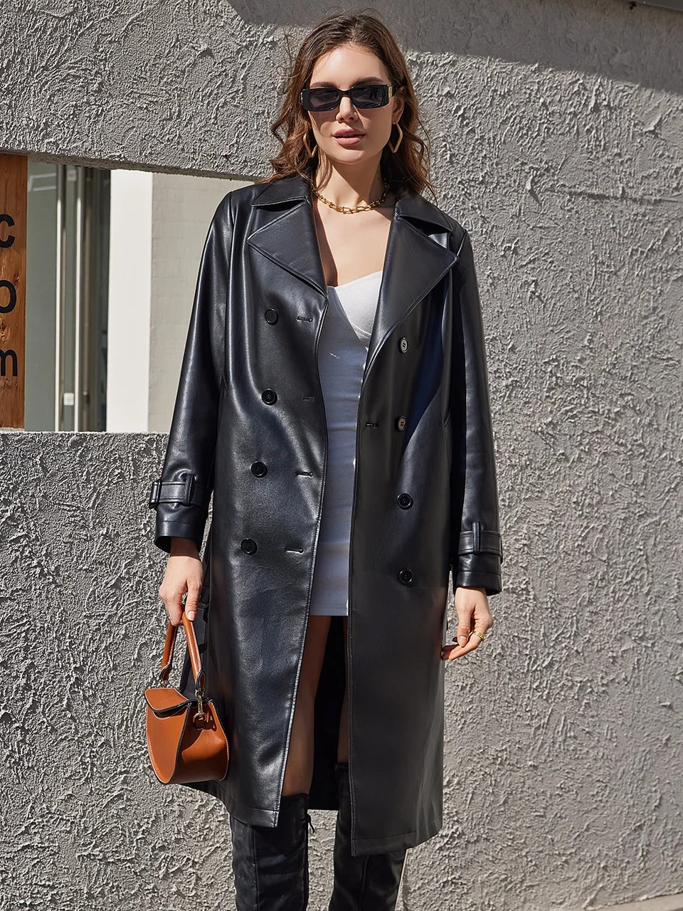 Extra Long Oversized Faux Leather Trench Coat for Women - Double-Breasted Spring PU Coat