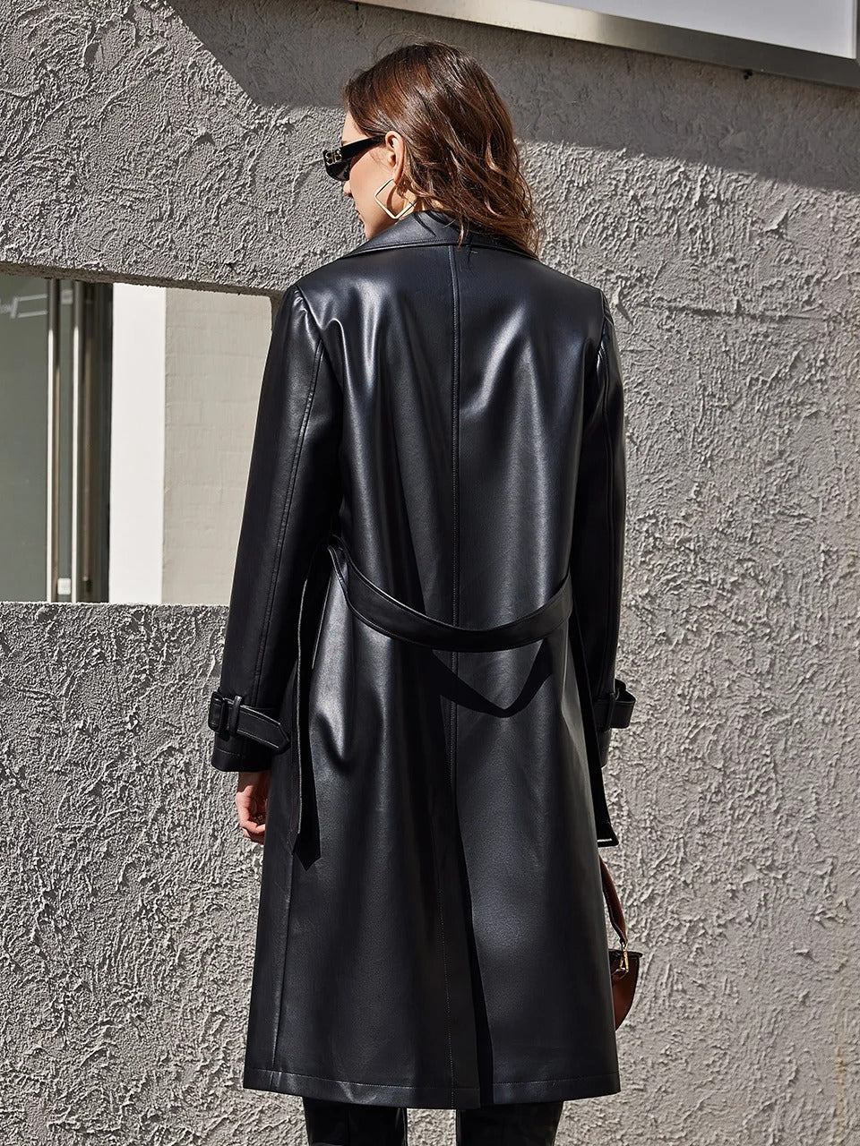 Extra Long Oversized Faux Leather Trench Coat for Women - Double-Breasted Spring PU Coat