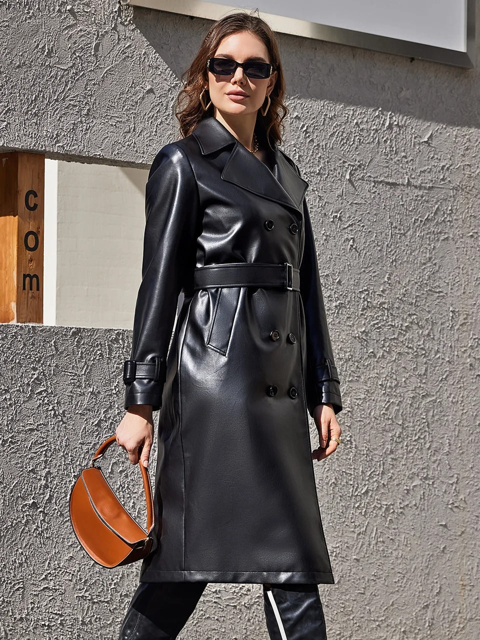 Extra Long Oversized Faux Leather Trench Coat for Women - Double-Breasted Spring PU Coat